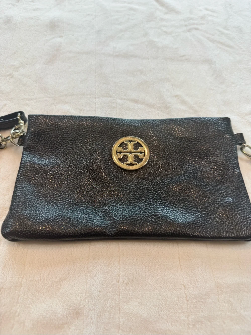 Tory Burch Carson Black Leather Crossbody Clutch Shoulder Bag Designer Purse